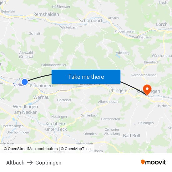 Altbach to Göppingen map