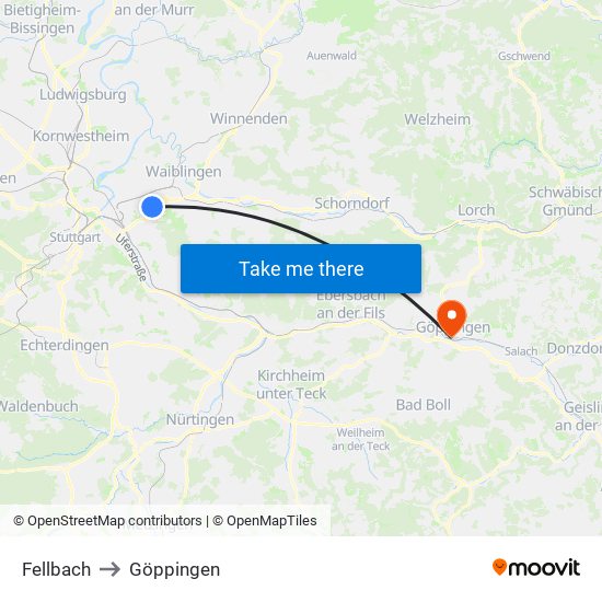 Fellbach to Göppingen map