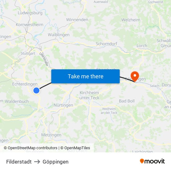Filderstadt to Göppingen map