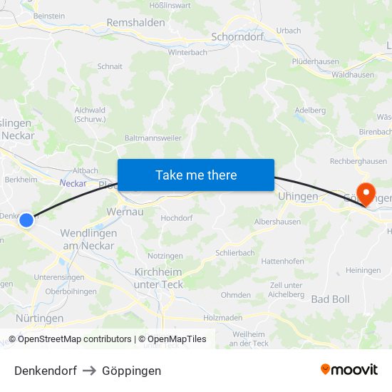 Denkendorf to Göppingen map