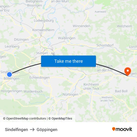 Sindelfingen to Göppingen map