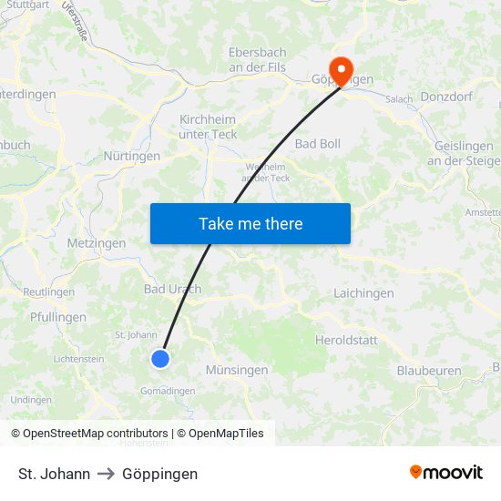 St. Johann to Göppingen map