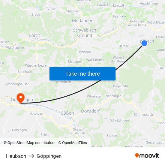 Heubach to Göppingen map