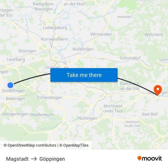 Magstadt to Göppingen map
