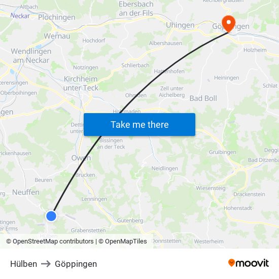Hülben to Göppingen map
