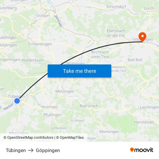 Tübingen to Göppingen map