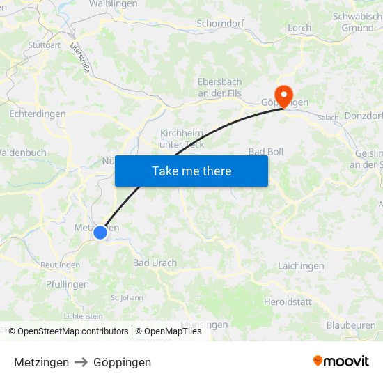 Metzingen to Göppingen map