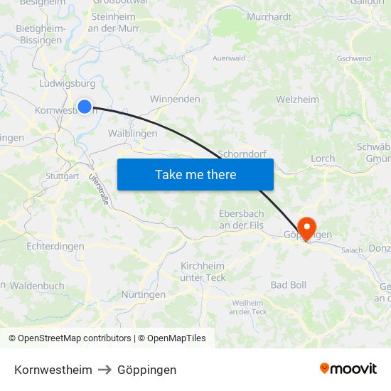 Kornwestheim to Göppingen map