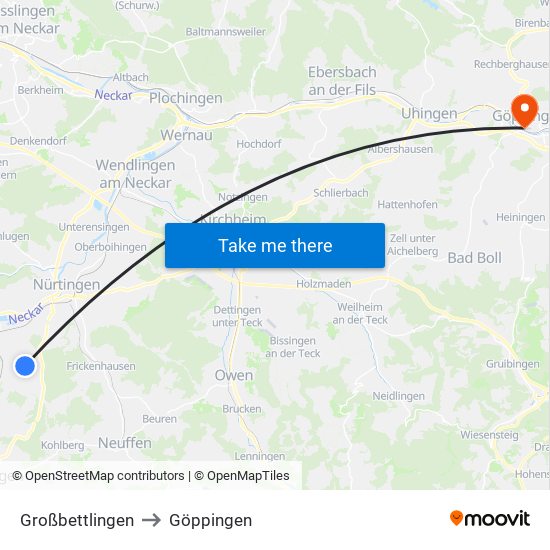 Großbettlingen to Göppingen map