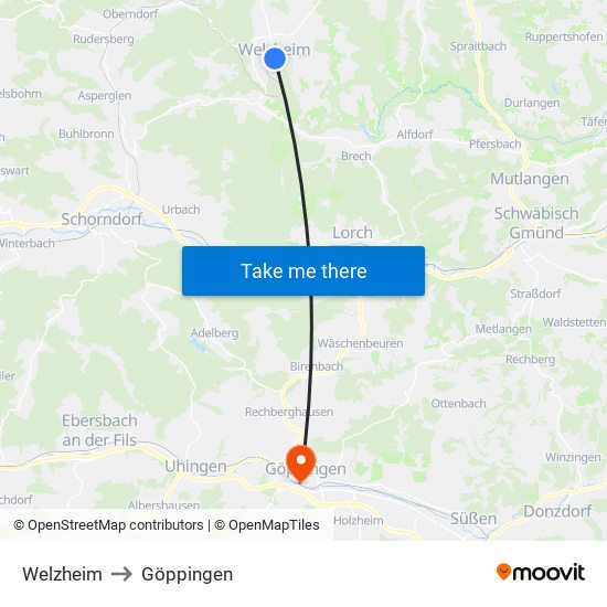 Welzheim to Göppingen map