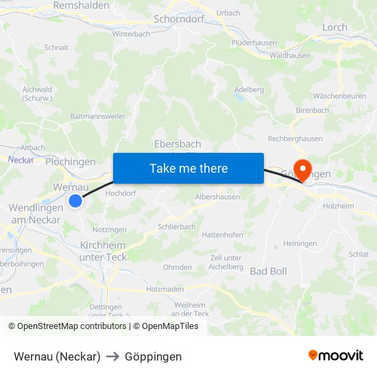 Wernau (Neckar) to Göppingen map