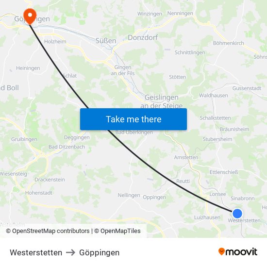 Westerstetten to Göppingen map