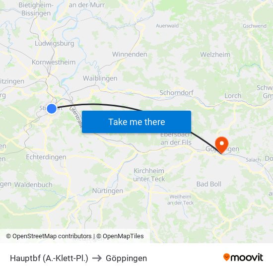 Hauptbf (A.-Klett-Pl.) to Göppingen map