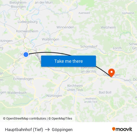 Hauptbahnhof (Tief) to Göppingen map