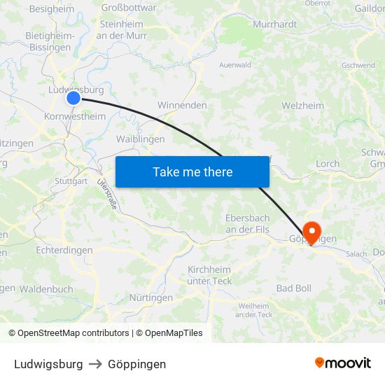 Ludwigsburg to Göppingen map