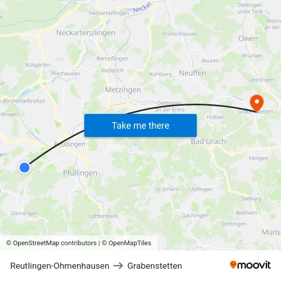 Reutlingen-Ohmenhausen to Grabenstetten map