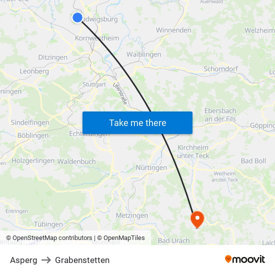 Asperg to Grabenstetten map