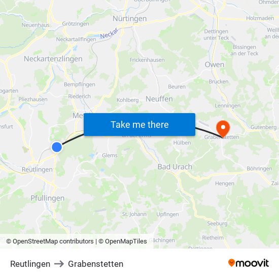 Reutlingen to Grabenstetten map