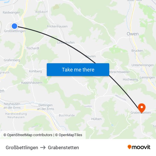 Großbettlingen to Grabenstetten map