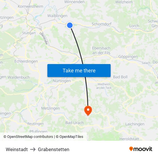 Weinstadt to Grabenstetten map