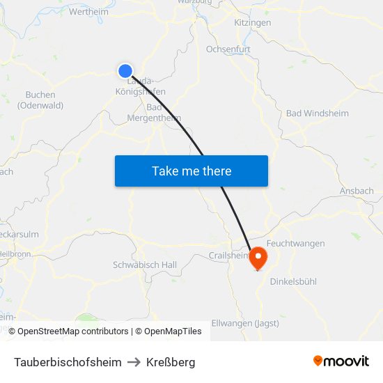 Tauberbischofsheim to Kreßberg map