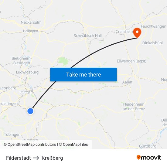 Filderstadt to Kreßberg map