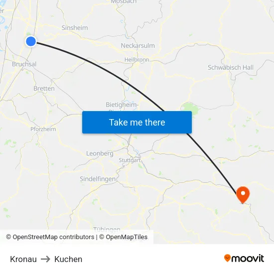 Kronau to Kuchen map