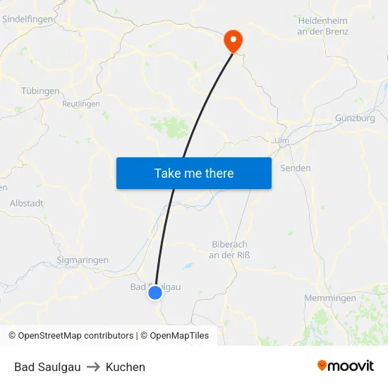 Bad Saulgau to Kuchen map