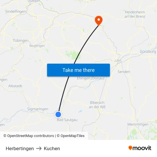 Herbertingen to Kuchen map