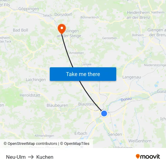 Neu-Ulm to Kuchen map