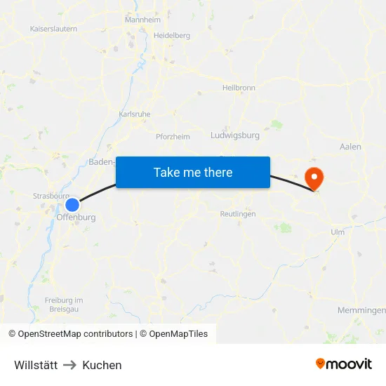 Willstätt to Kuchen map