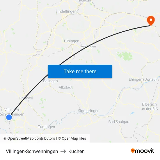 Villingen-Schwenningen to Kuchen map