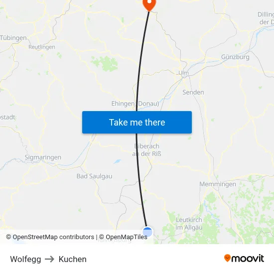 Wolfegg to Kuchen map