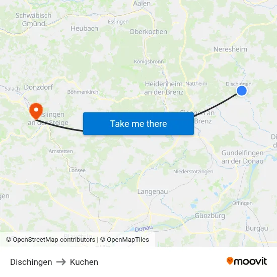 Dischingen to Kuchen map