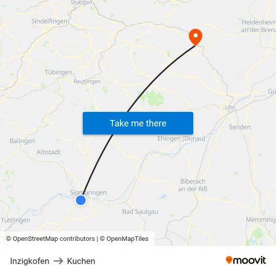 Inzigkofen to Kuchen map