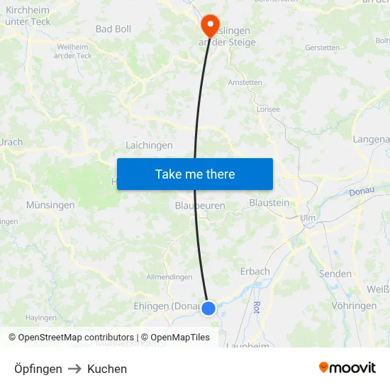 Öpfingen to Kuchen map