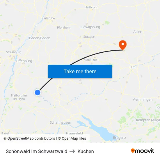 Schönwald Im Schwarzwald to Kuchen map