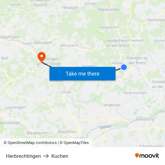 Herbrechtingen to Kuchen map