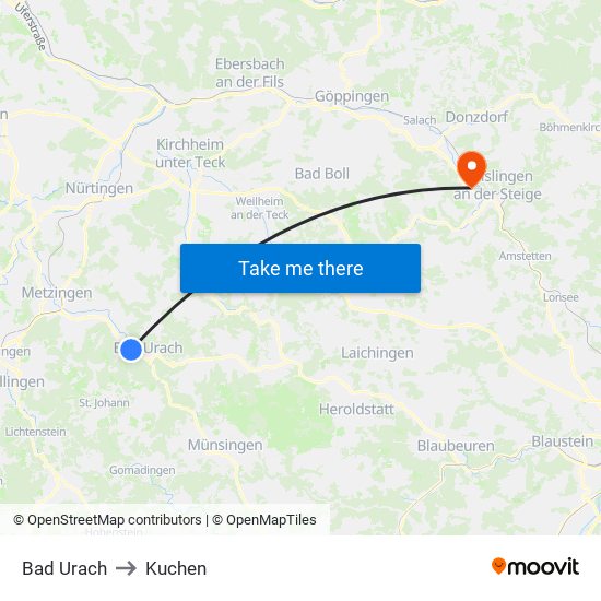 Bad Urach to Kuchen map