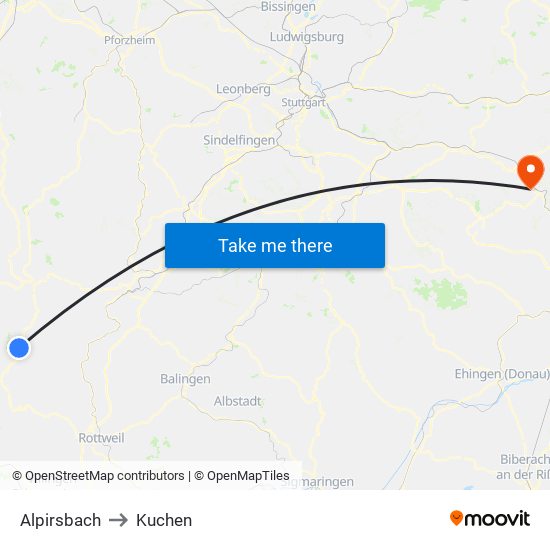 Alpirsbach to Kuchen map