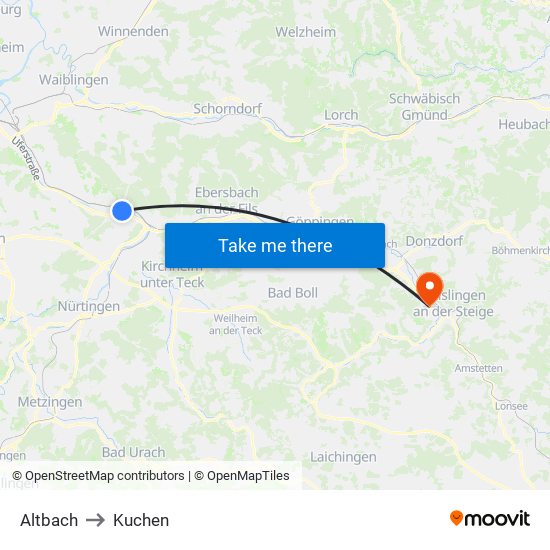 Altbach to Kuchen map