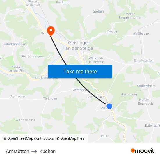 Amstetten to Kuchen map