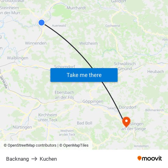 Backnang to Kuchen map