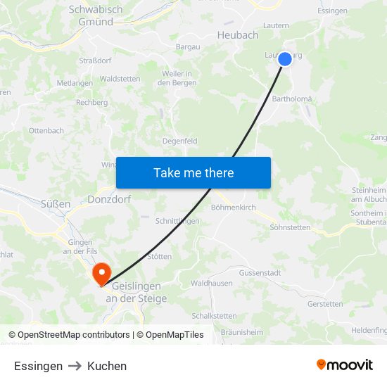 Essingen to Kuchen map