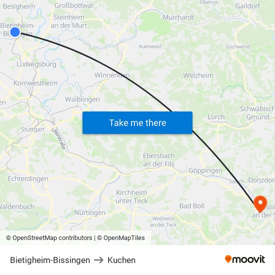 Bietigheim-Bissingen to Kuchen map