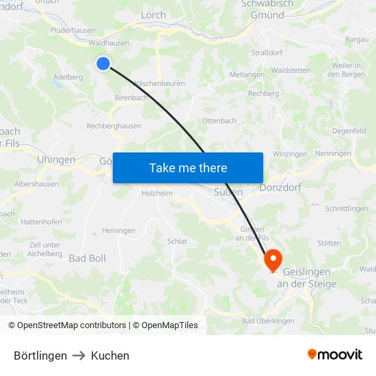 Börtlingen to Kuchen map