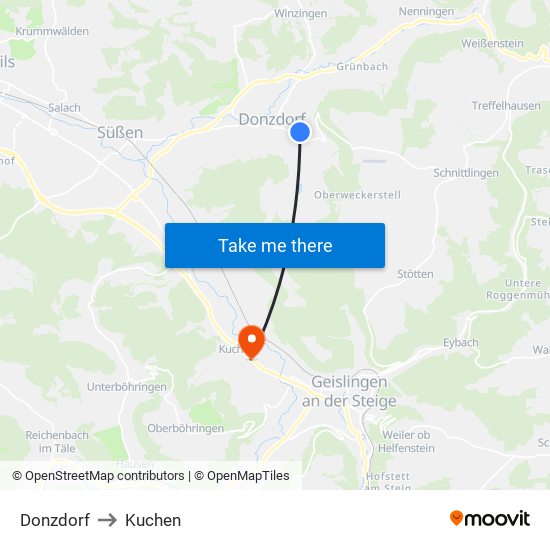 Donzdorf to Kuchen map