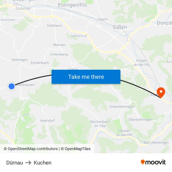 Dürnau to Kuchen map