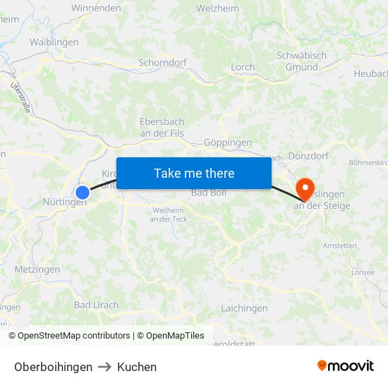 Oberboihingen to Kuchen map