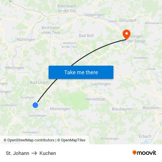 St. Johann to Kuchen map